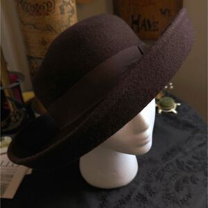 Vintage Wool Felt Wide Brimmed Round Hat Women's Dark Brown